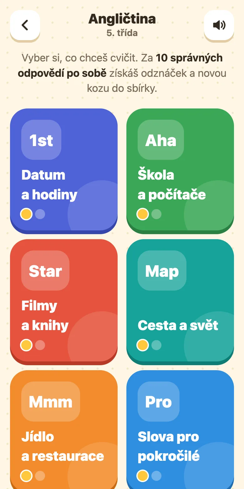 Kozí škola, angličtina pro 5. třídu: témata slovíček, Celé věty, Cool fráze, Poslech a Gramatika