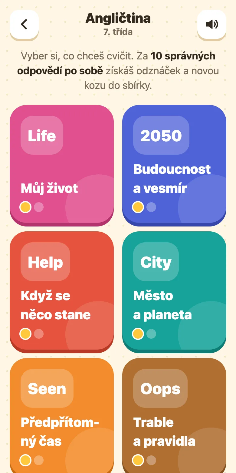 Kozí škola, angličtina pro 7. třídu: témata Můj život, Budoucnost a vesmír, Když se něco stane, Město a planeta, Předpřítomný čas, Trable a pravidla, Záhady a dobrodružství, Cool fráze, Poslech a Gramatika