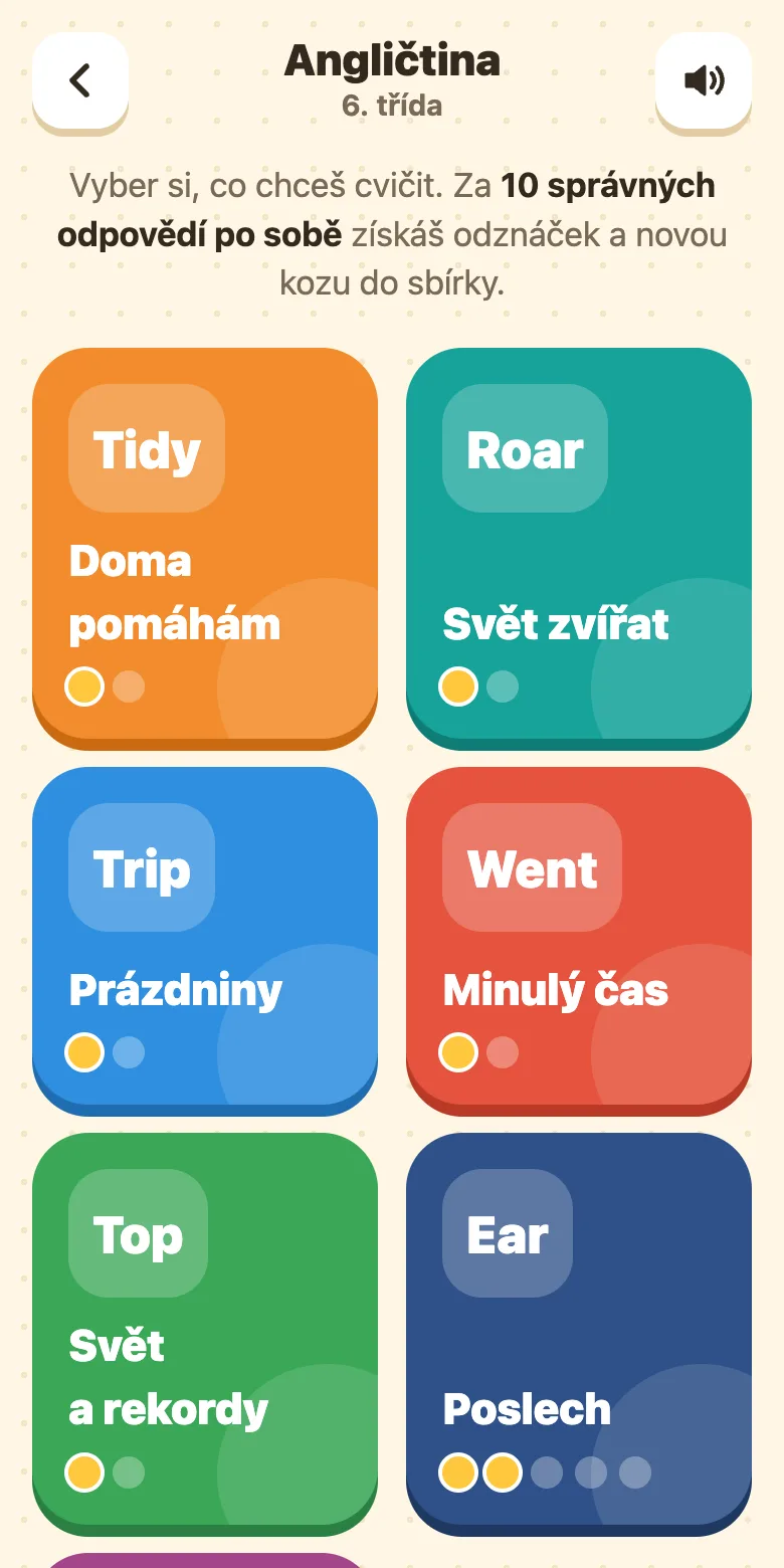 Kozí škola, angličtina pro 6. třídu: témata Doma pomáhám, Svět zvířat, Prázdniny, Minulý čas, Svět a rekordy, Poslech a Gramatika