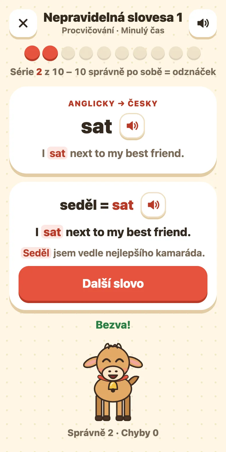 Nepravidelné sloveso v angličtině pro 6. třídu: správná odpověď, věta v minulém čase a její překlad