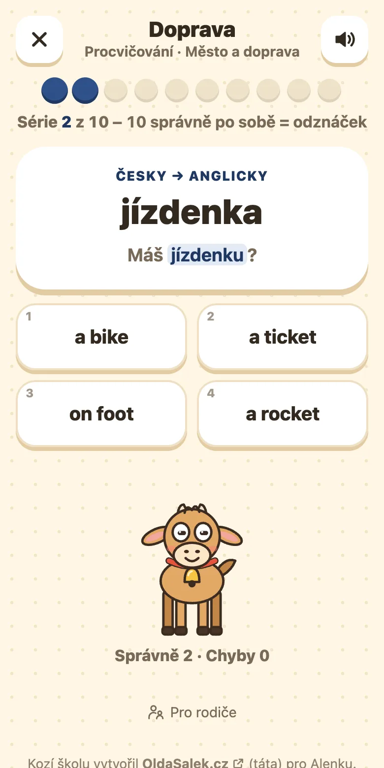 Otázka z anglických slovíček pro 3. třídu: slovo ve větě a čtyři možnosti