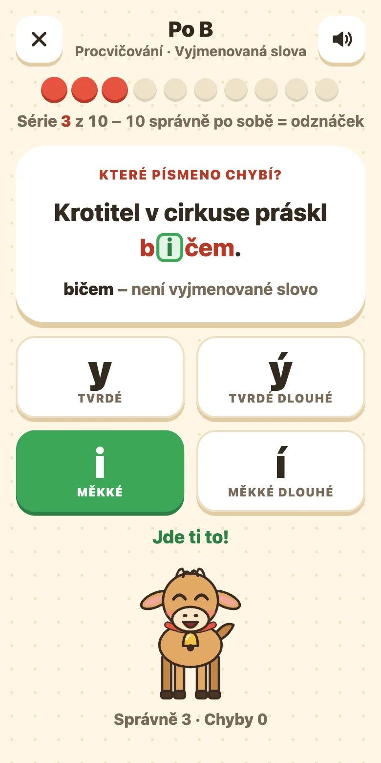Vyjmenovaná slova po B: věta s doplněným písmenem, čtyři tlačítka y, ý, i, í a zdůvodnění
