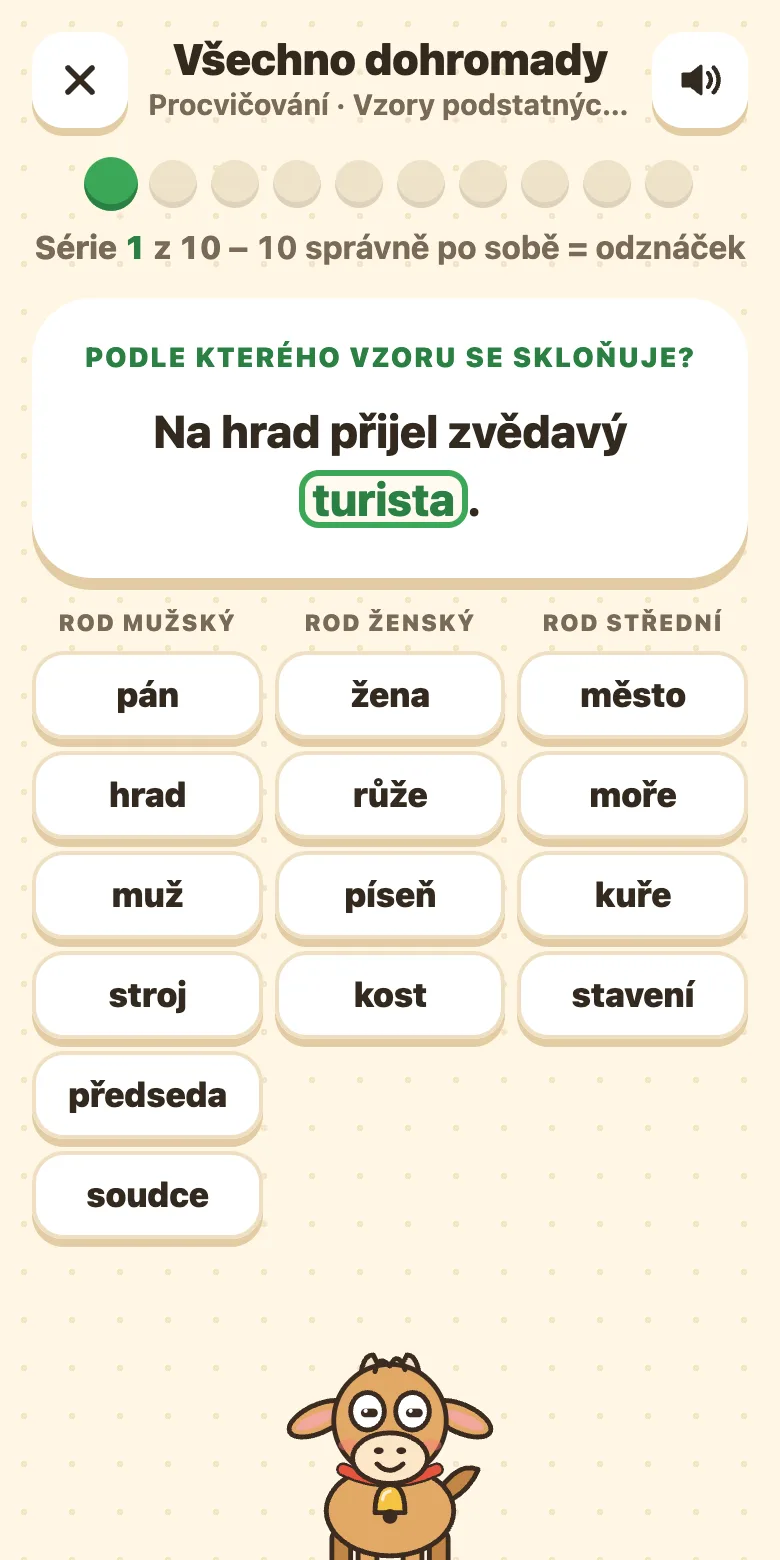 Vzory podstatných jmen: věta s označeným slovem a tabulka čtrnácti vzorů podle rodů