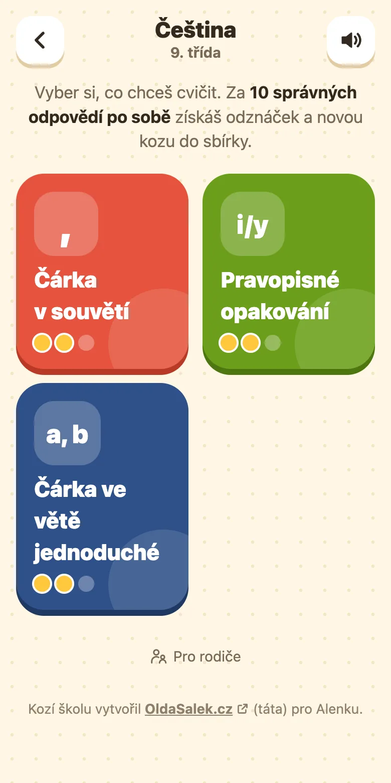 Kozí škola, čeština pro 9. třídu: témata Čárka v souvětí a Pravopisné opakování