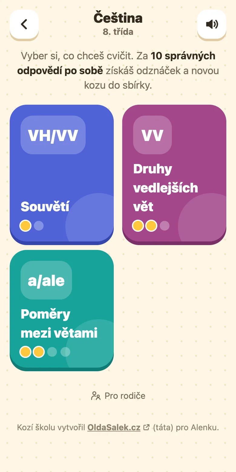 Kozí škola, čeština pro 8. třídu: témata Souvětí a Druhy vedlejších vět