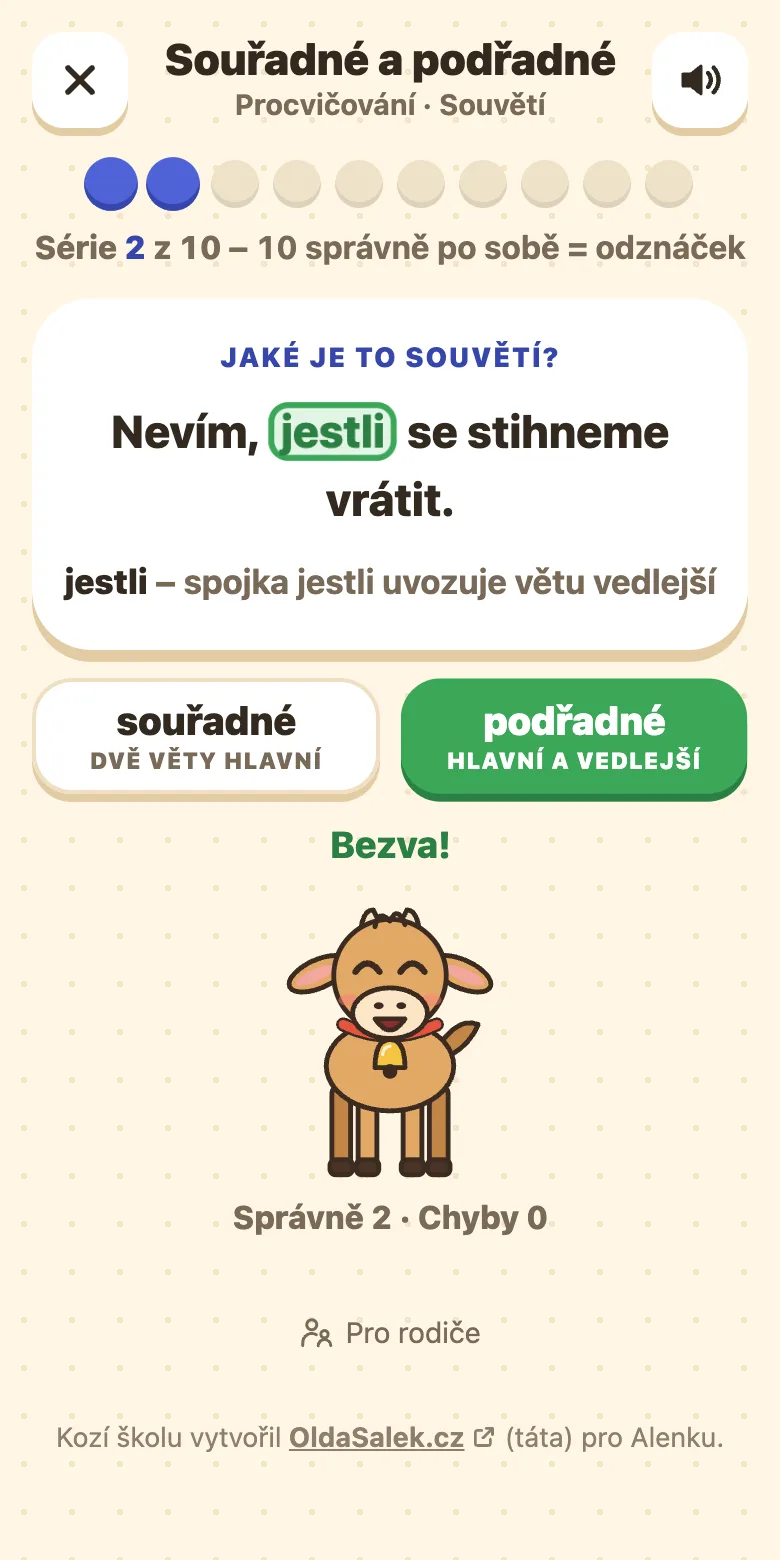 Souvětí: věta s vyznačenou spojkou, tlačítka souřadné a podřadné a zdůvodnění