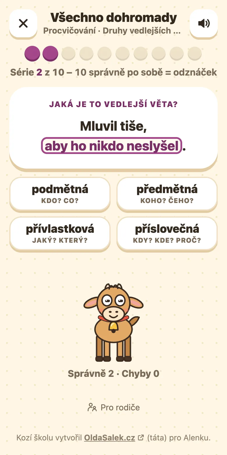Druhy vedlejších vět: souvětí s vyznačenou vedlejší větou a čtyři tlačítka s otázkami pod nimi