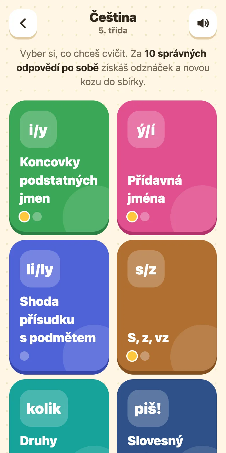 Kozí škola, čeština pro 5. třídu: témata Koncovky podstatných jmen, Přídavná jména, Shoda přísudku s podmětem a S, z, vz