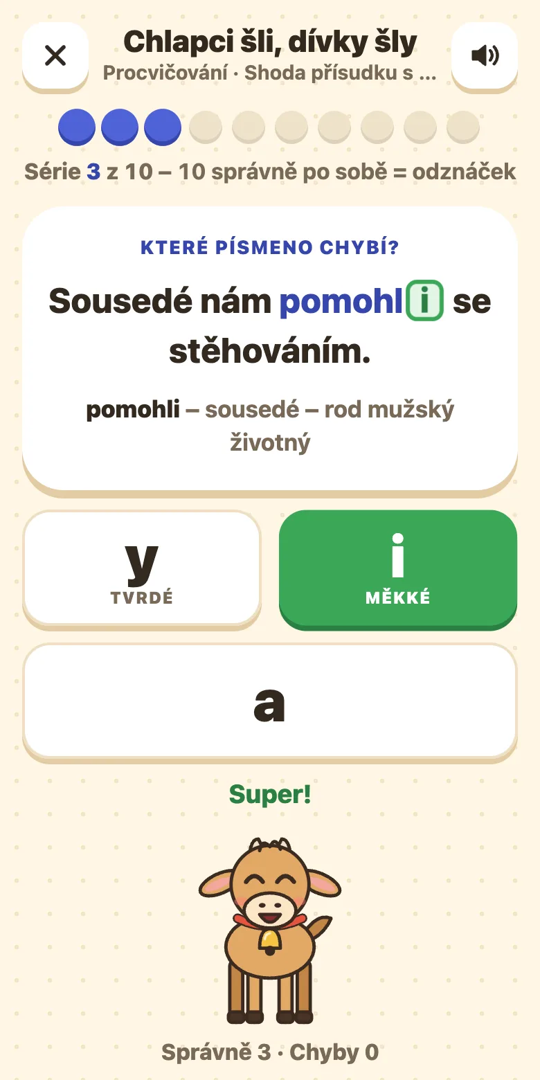 Shoda přísudku s podmětem: věta s doplněnou koncovkou, tlačítka y, i, a a zdůvodnění podle rodu podmětu