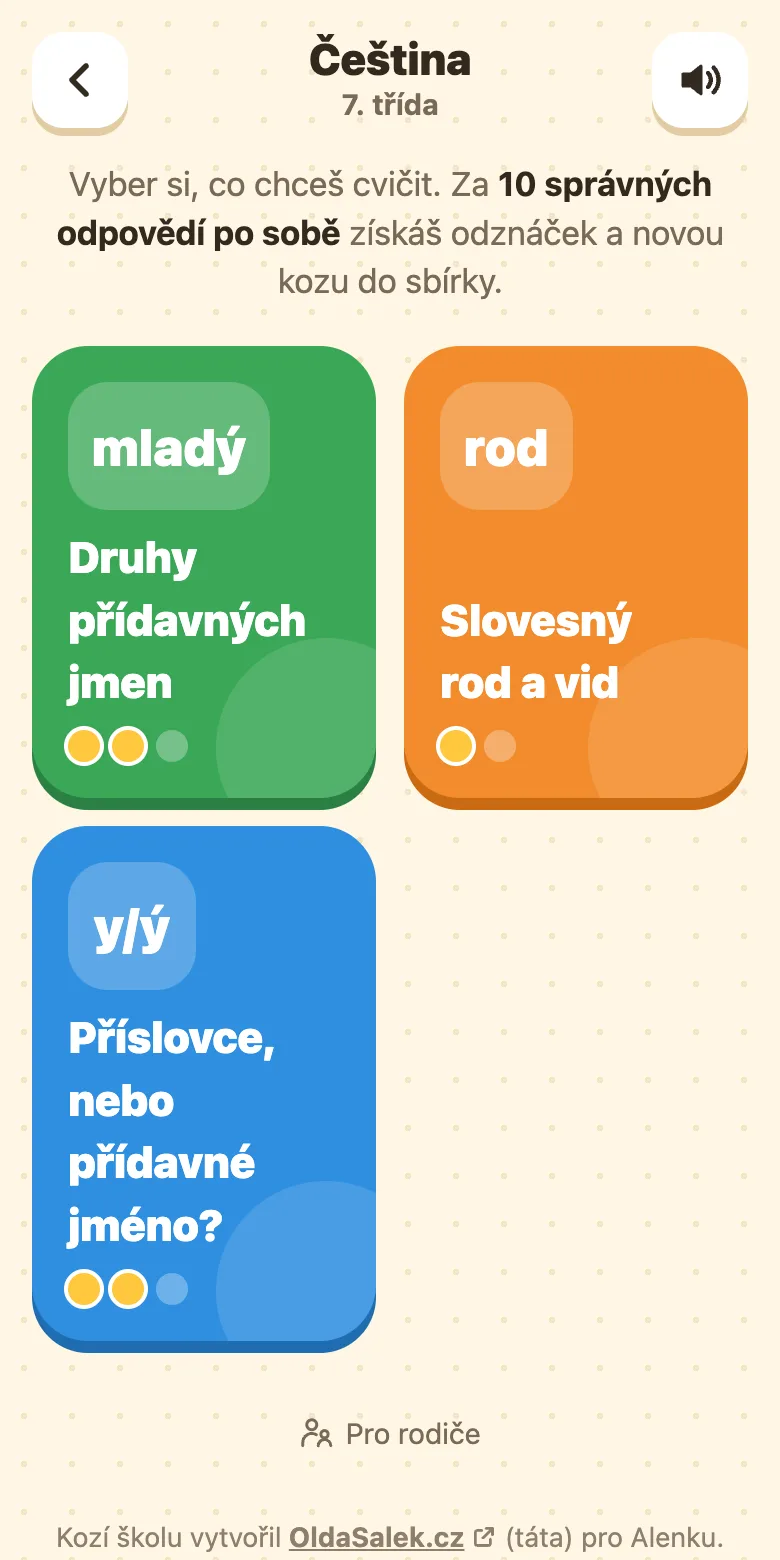 Kozí škola, čeština pro 7. třídu: témata Druhy přídavných jmen a Slovesný rod a vid