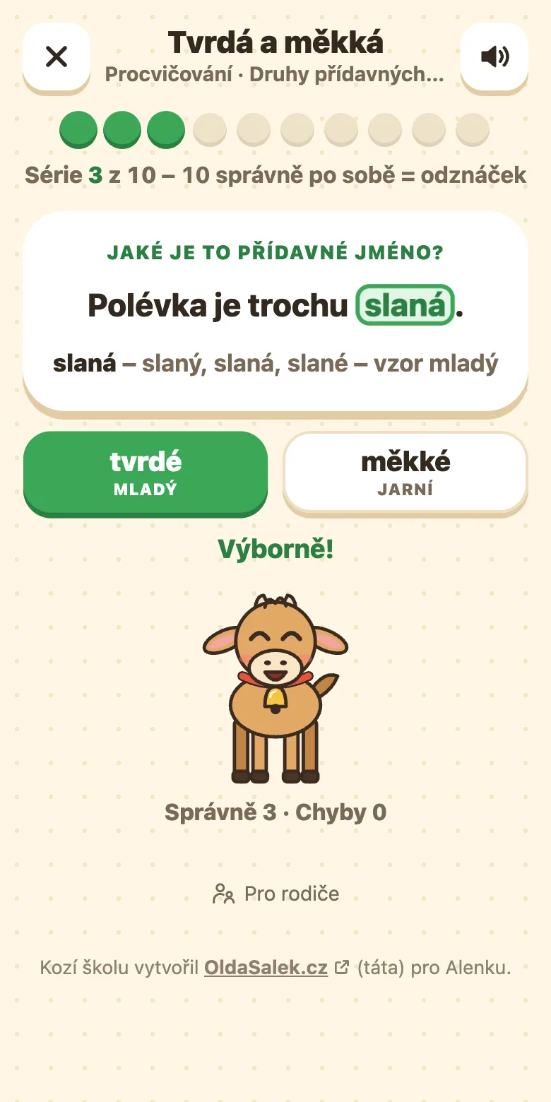 Druhy přídavných jmen: věta s vyznačeným přídavným jménem, tlačítka tvrdé a měkké a zdůvodnění se vzorem