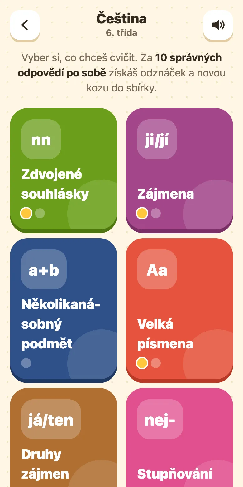 Kozí škola, čeština pro 6. třídu: témata Zdvojené souhlásky, Zájmena, Několikanásobný podmět a Velká písmena