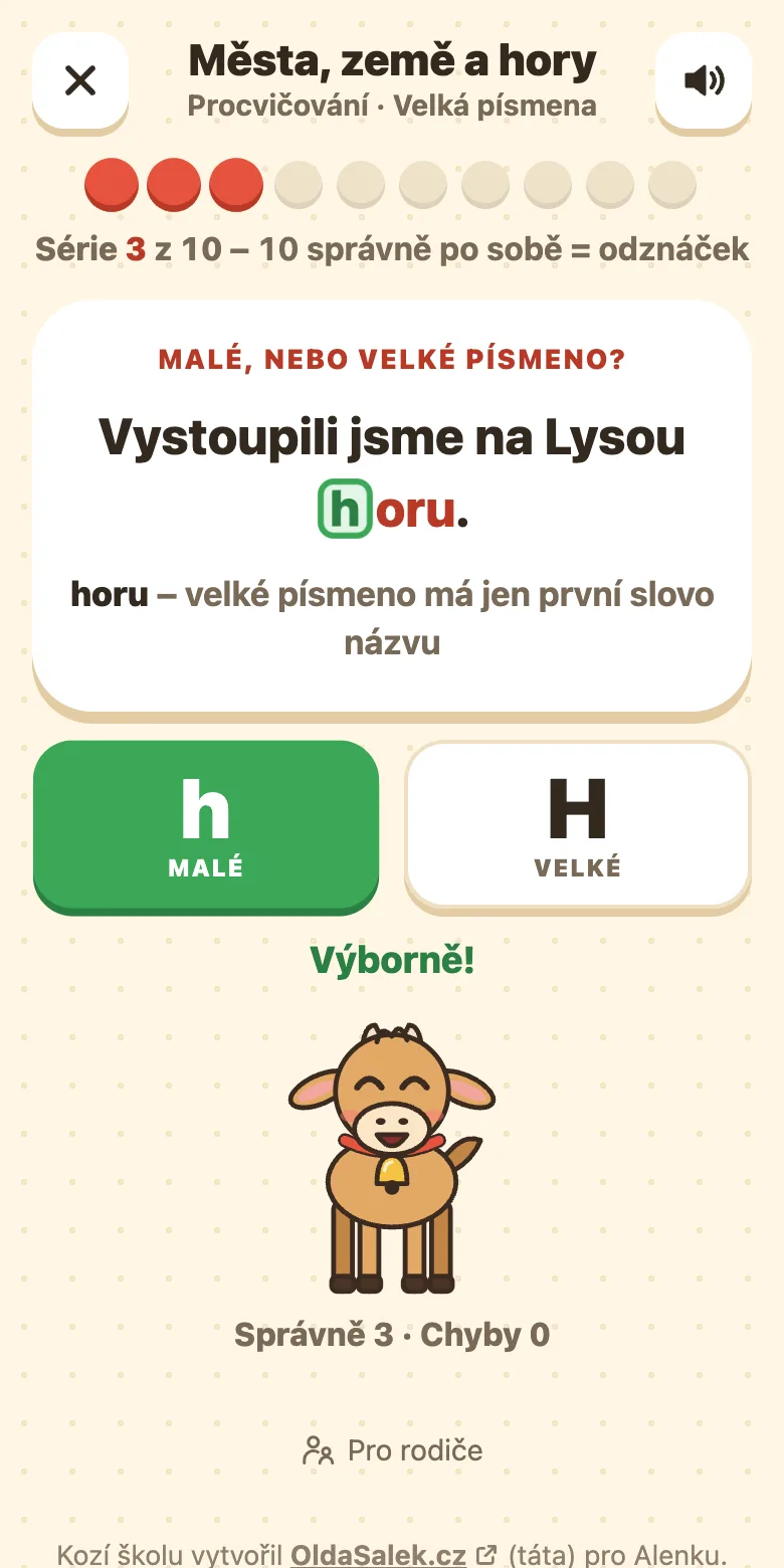 Velká písmena: věta s doplněným písmenem, tlačítka s malým a velkým písmenem a zdůvodnění