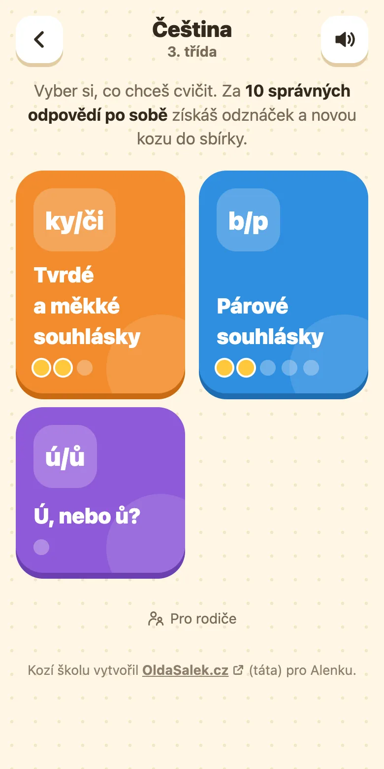 Kozí škola, čeština pro 3. třídu: témata Tvrdé a měkké souhlásky, Párové souhlásky a Ú, nebo ů?