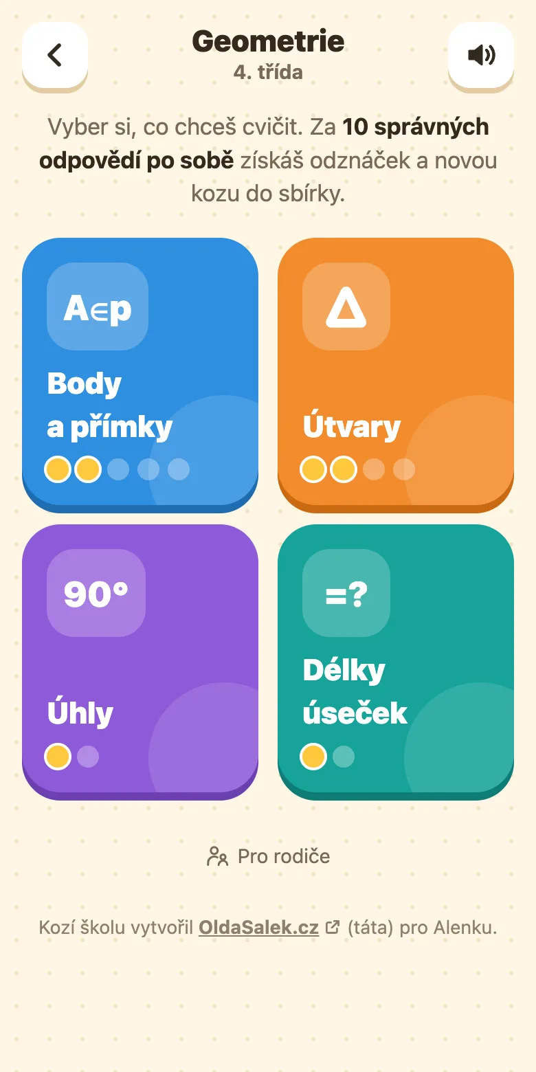 Kozí škola, geometrie pro 4. třídu: témata Body a přímky, Útvary, Úhly a Délky úseček