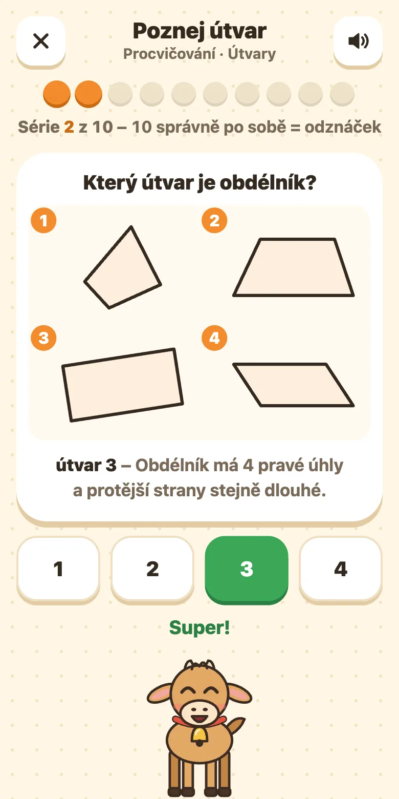 Geometrie: čtyři očíslované útvary, otázka, který z nich je daný útvar, a zdůvodnění správné odpovědi