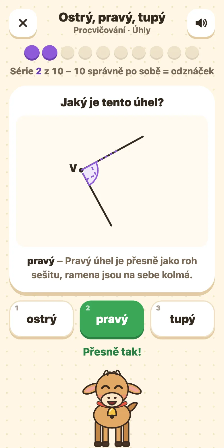Geometrie: nakreslený úhel, tlačítka ostrý, pravý, tupý a nápověda s pravým úhlem v nákresu