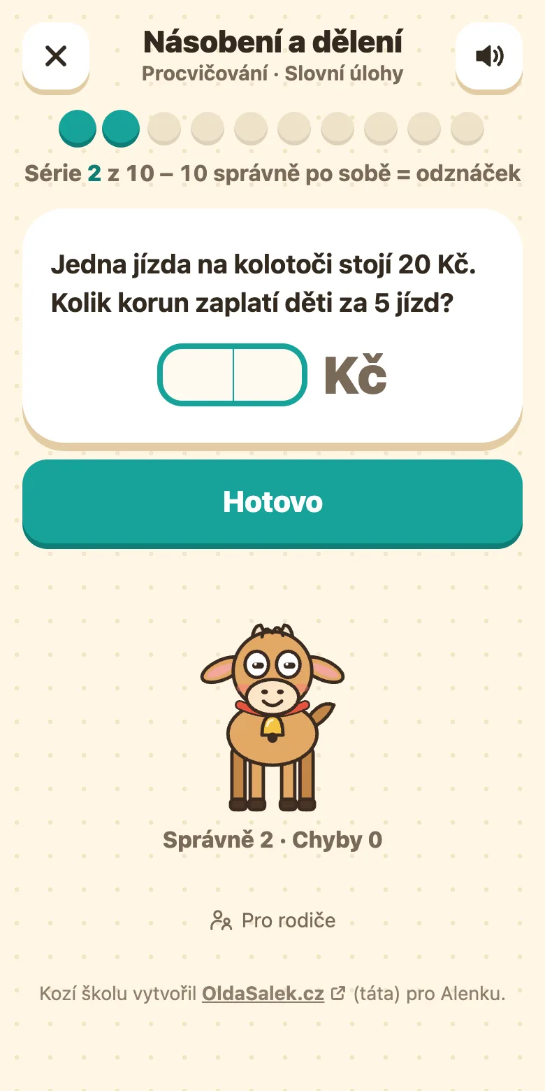 Slovní úloha pro 4. třídu: krátký příběh s otázkou a políčko pro výsledek