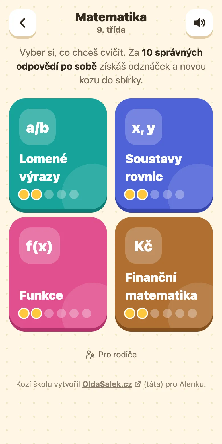 Kozí škola, matematika pro 9. třídu: témata Lomené výrazy, Soustavy rovnic, Funkce a Finanční matematika
