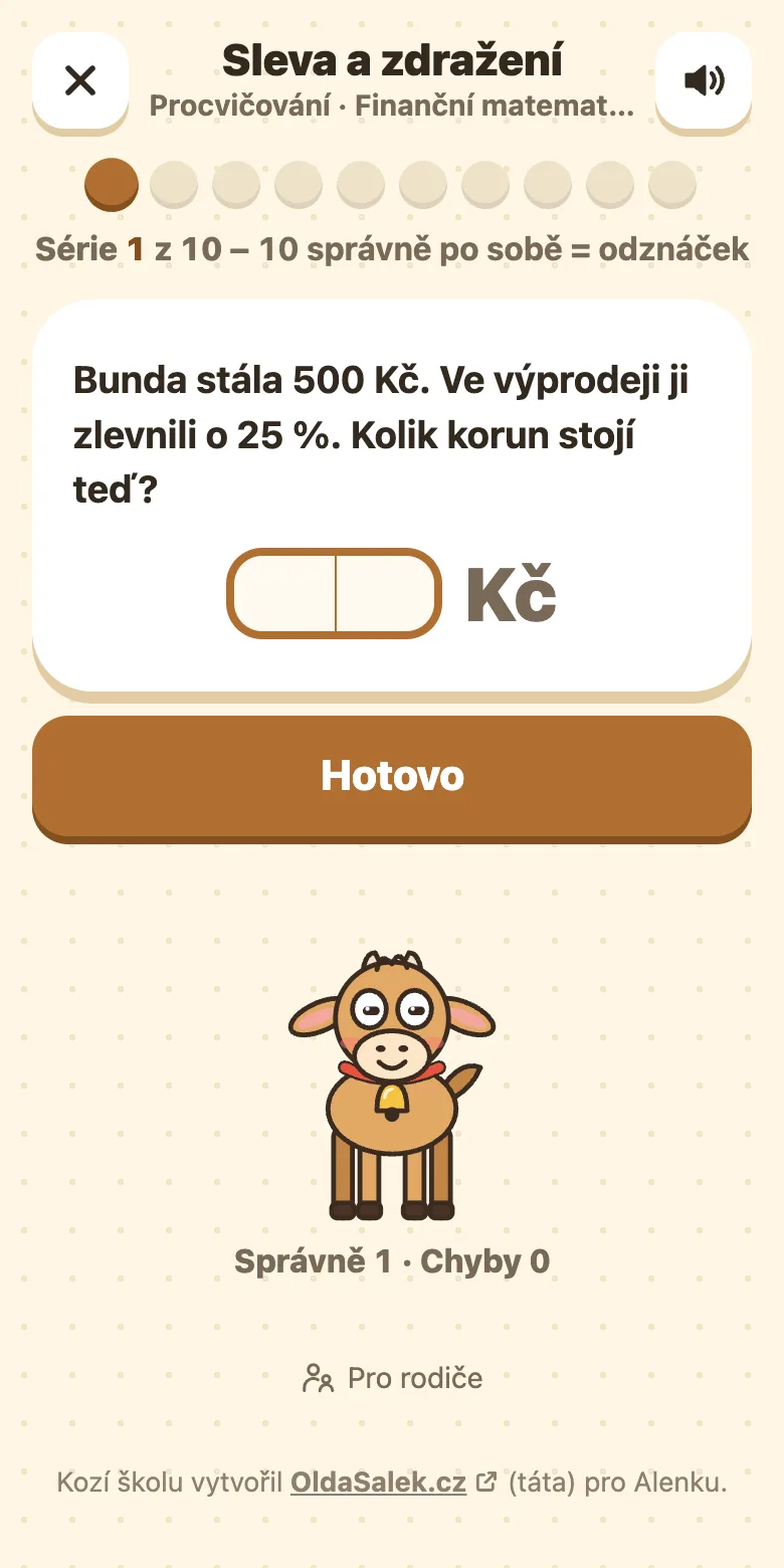 Slovní úloha z finanční matematiky: sleva v procentech a políčko pro výsledek v korunách