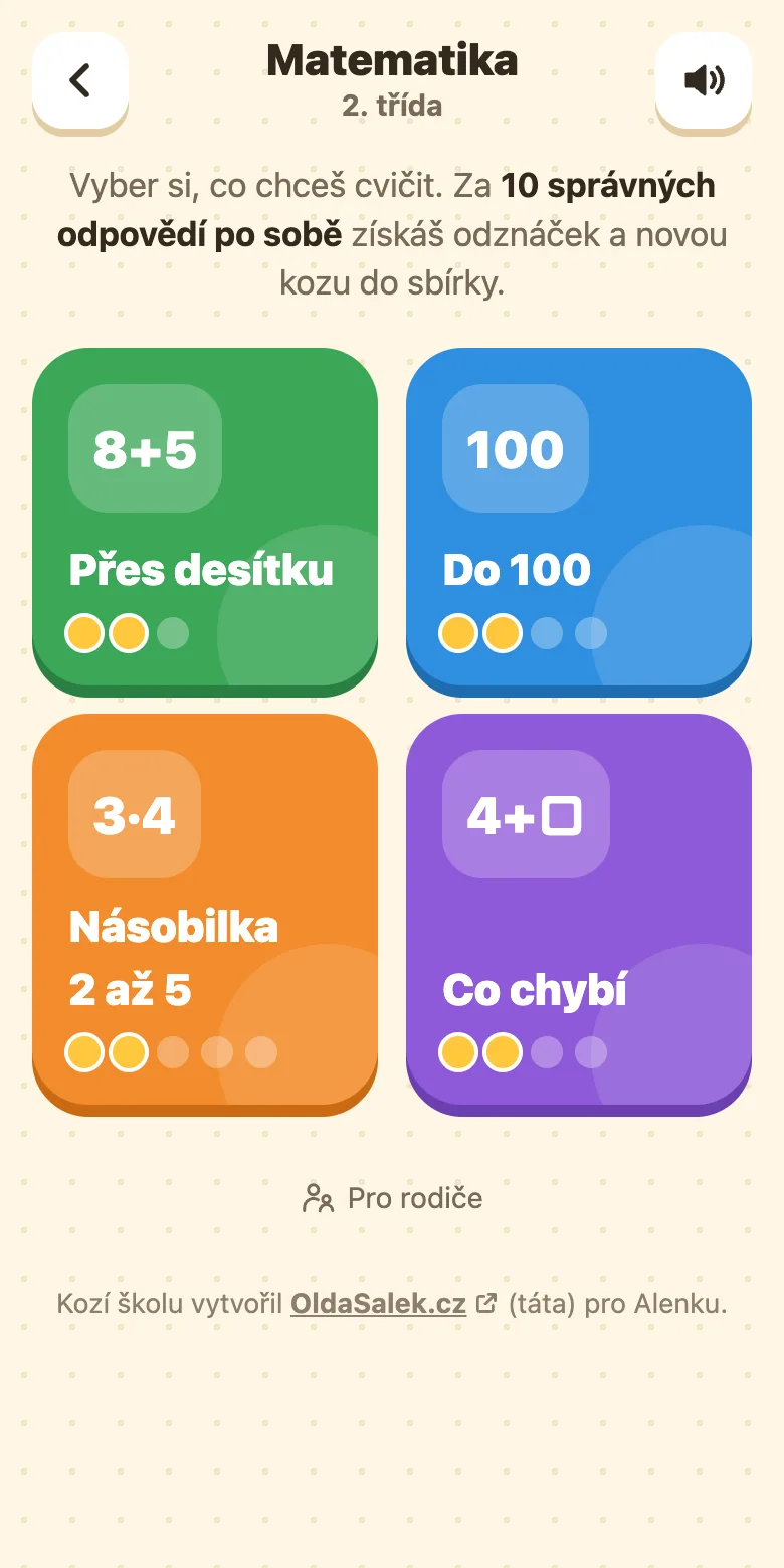Kozí škola, matematika pro 2. třídu: témata Přes desítku, Do 100 a Násobilka 2 až 5