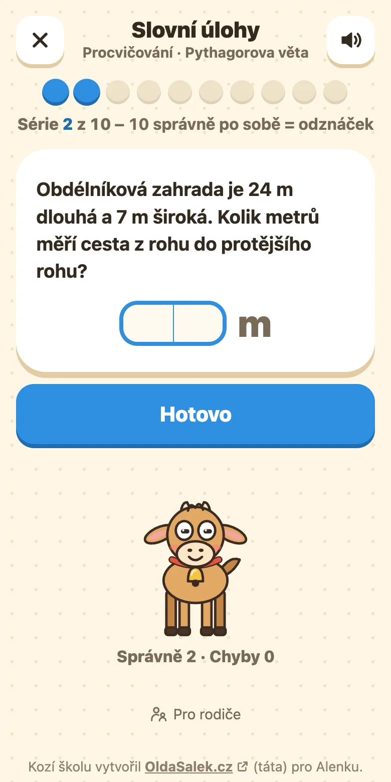 Slovní úloha na Pythagorovu větu: text úlohy a políčko pro výsledek s jednotkou