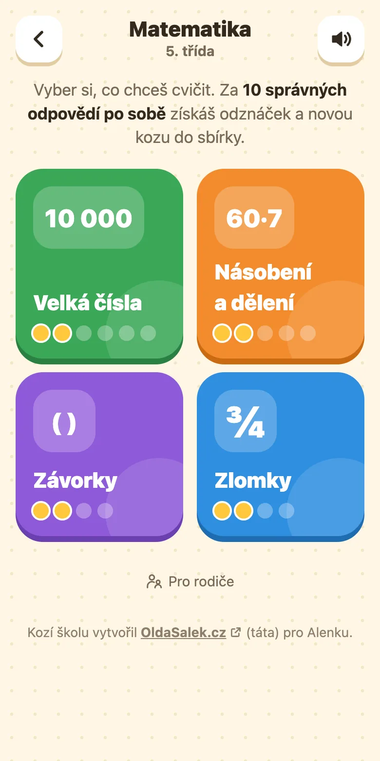 Kozí škola, matematika pro 5. třídu: témata Velká čísla, Násobení a dělení, Závorky a Zlomky