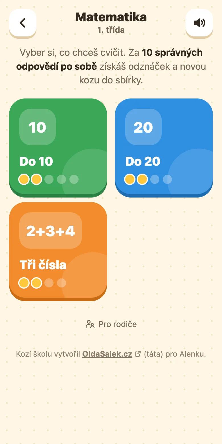 Kozí škola, matematika pro 1. třídu: témata Do 10 a Do 20