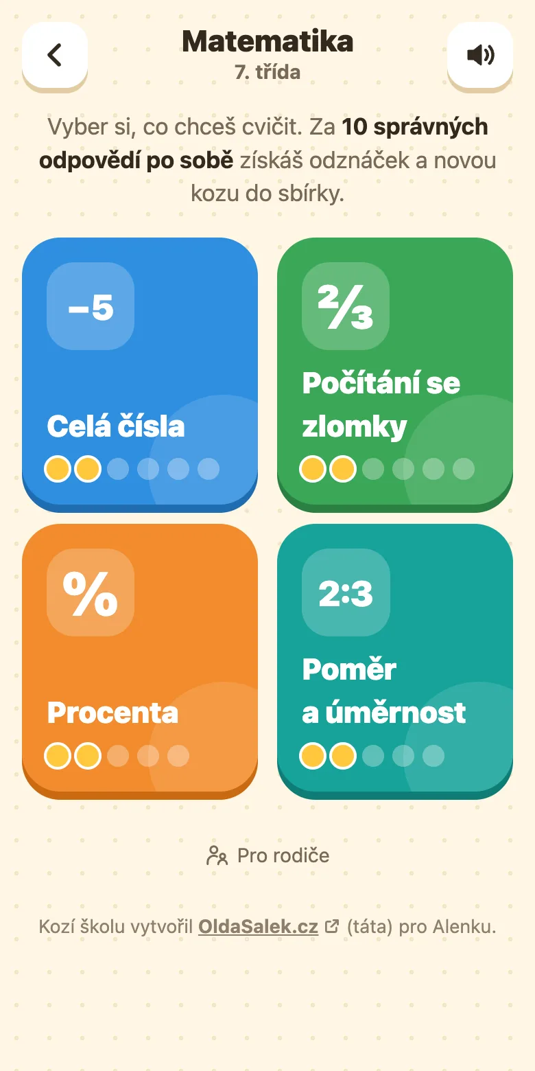 Kozí škola, matematika pro 7. třídu: témata Celá čísla, Počítání se zlomky a Procenta