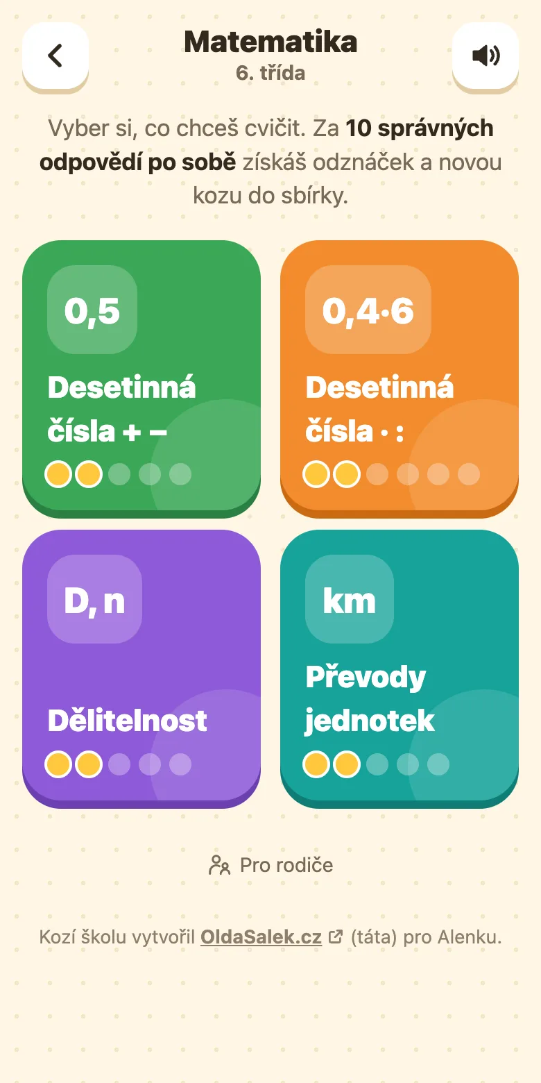 Kozí škola, matematika pro 6. třídu: témata Desetinná čísla plus a minus, Desetinná čísla krát a děleno a Dělitelnost