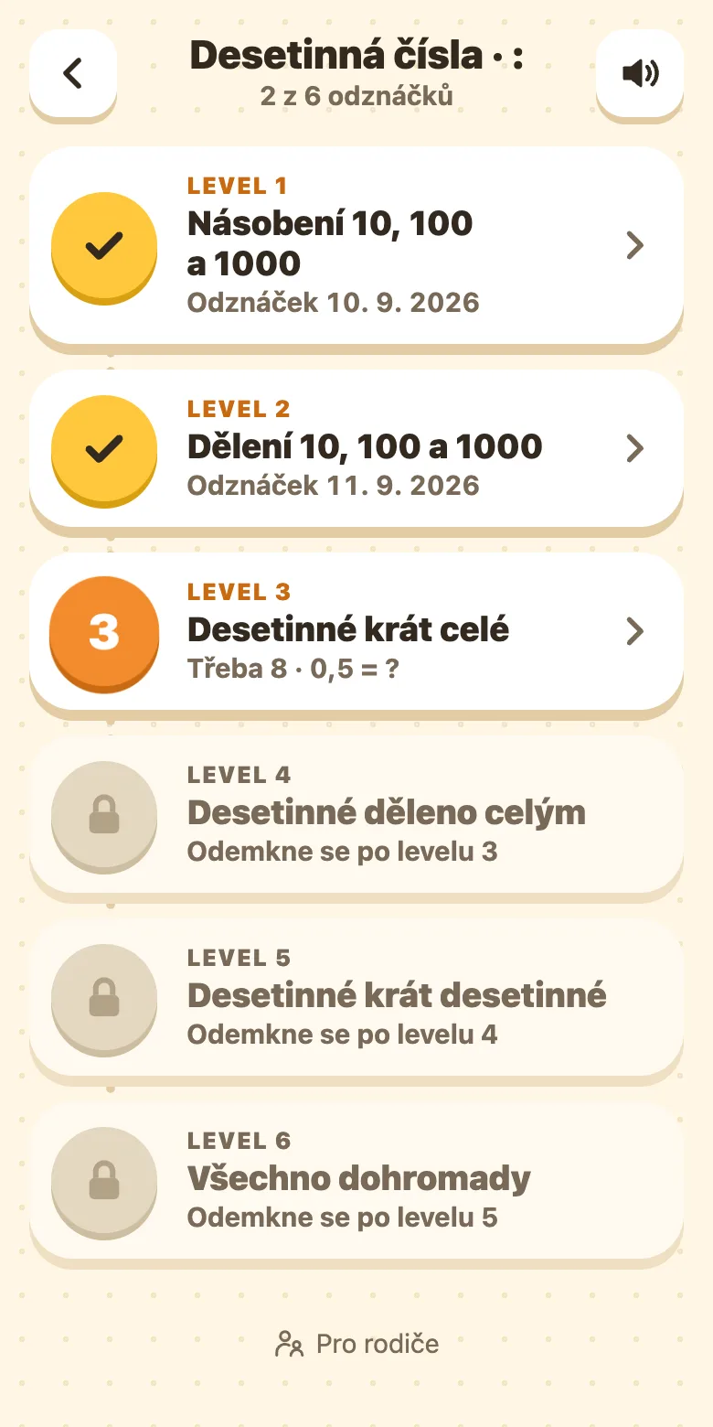 Seznam levelů tématu o násobení a dělení desetinných čísel: deseti, stem a tisícem, celým číslem a desetinným číslem