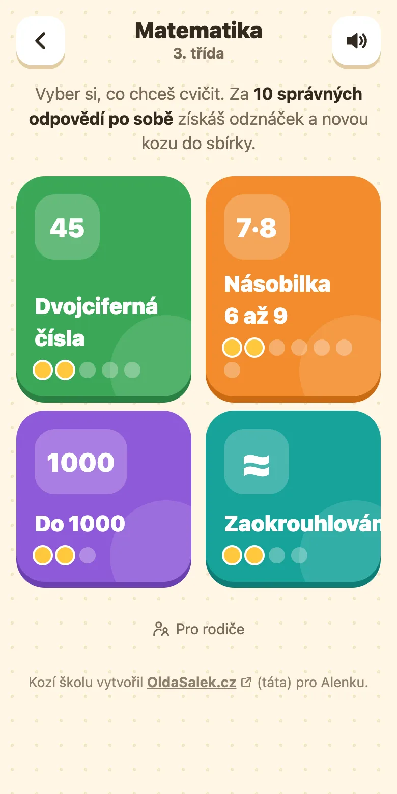 Kozí škola, matematika pro 3. třídu: témata Dvojciferná čísla, Násobilka 6 až 9 a Do 1000