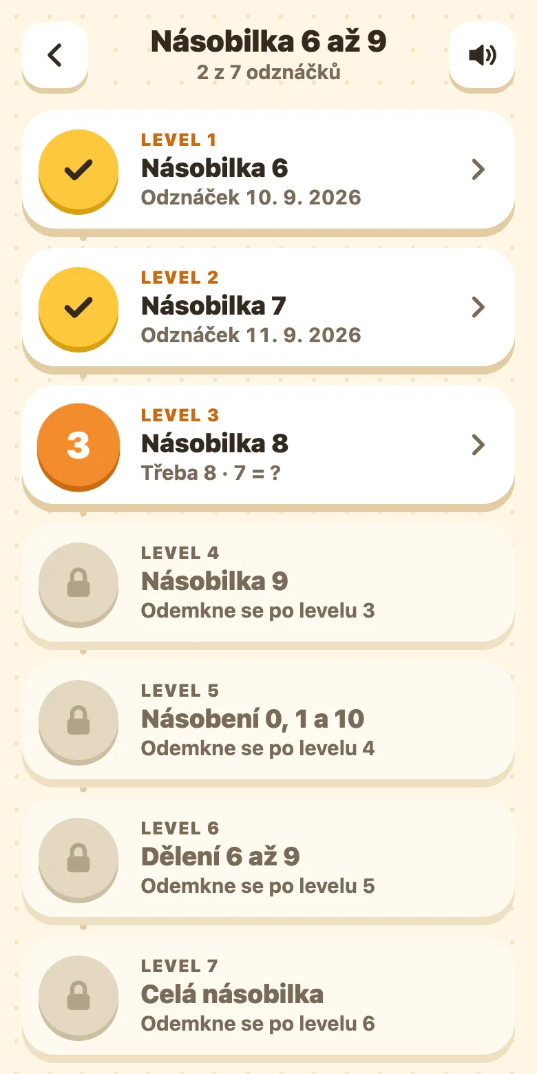 Seznam levelů tématu Násobilka 6 až 9: od násobilky šesti po celou násobilku