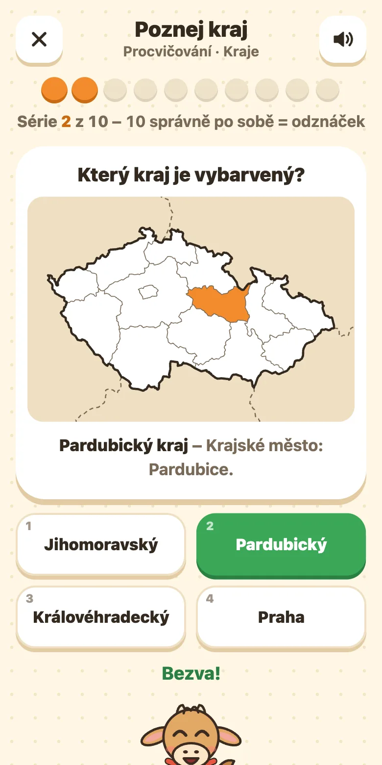 Vlastivěda: slepá mapa České republiky s jedním vybarveným krajem, čtyři názvy krajů a po odpovědi jeho krajské město