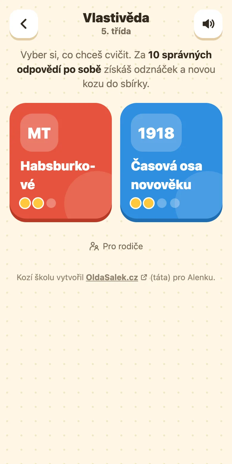 Kozí škola, vlastivěda pro 5. třídu: témata Habsburkové a Časová osa novověku