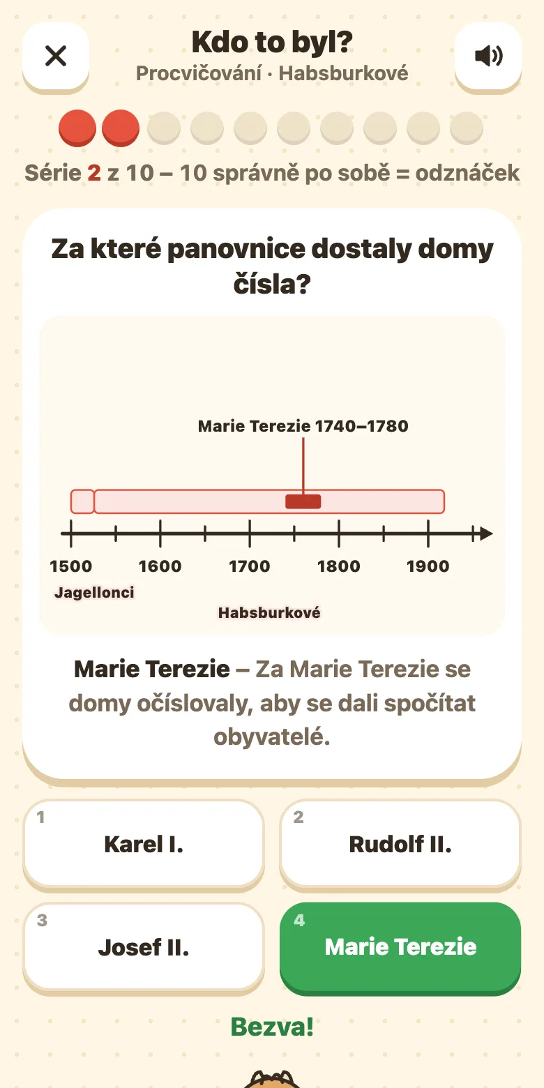 Vlastivěda: otázka na habsburského panovníka a po odpovědi léta jeho vlády na časové ose